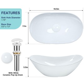 Davivy 16.5'' X 11.0'' White Oval Vessel Sink with Pop Up Drain,Small Oval Bathroom Vessel Sinks,White Ceramic Bathroom Sinks Above Counter,Boat Shape Oval Vessel Sink for Bathroom