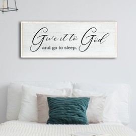 Give It To God And Go To Sleep Sign Wall Decor 40x15 Inch Large Farmhouse Master Bedroom Above Bed Hanging Wall Art Rustic Guest Room Wood Framed Over Bed Wall Decoration (White)