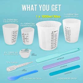 SWIGRANCE Silicone Resin Mixing 1L Measuring Cup Set for Resin Supplies, Easy-to-Read Marks, 1000ml/32oz Large Cup, 500&250&100ml Thickened Reusable Silicone Cups for Epoxy Mixing, Jewelry Making