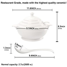jinsongdafa Casserole Dish with Serving Handle, 2.7-quart White French Soup pot, Ceramic Tureen with Lid and Ladle, for Dinner and Party, Microwave, Dishwasher, Oven Safe 11.6 Inch