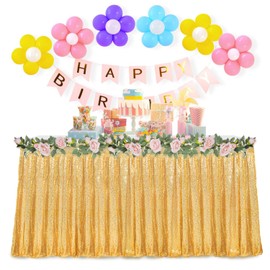 PATYDEST Gold Sequin Table Skirt Sparkly Table Skirts for Rectangle Round Tables 6FT Ruffle Sequin Table Skirting Glitter Table Cover Skirt for Wedding Bridal Shower Baby Shower Banquet Reception