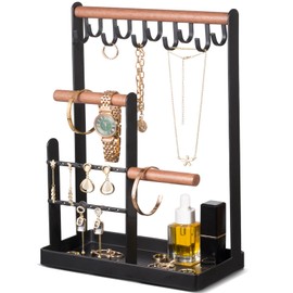 ProCase Jewelry Stand Holder Organizer, 4-Tier Necklace Holder with Ring Tray, 10 Hooks Necklaces Hanging Small Jewelry Display Storage Tower Tree for Bracelets Earrings Watches -Medium, Black