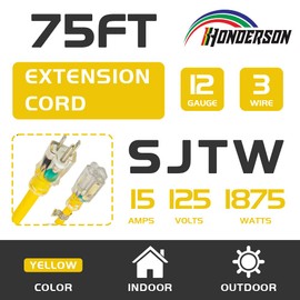 HONDERSON 75FT 12/3 Lighted Outdoor Extension Cord - 12 Gauge SJTW Heavy Duty Yellow Extension Cable with 3 Prong Grounded Plug for Safety,UL Listed