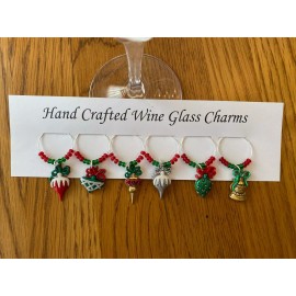 hand crafted "CHRISTMAS GLITTER ORNAMENTS" SET OF 6  HAND CRAFTED Wine glass  Charms