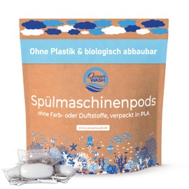 Dishwasher pods without plastic, colours and fragrances, biodegradable dish washing tabs without perfume, vegan tabs for dishwashers, packed in PLA