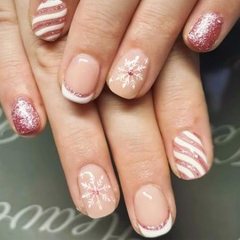 24 Pcs Christmas Snowflake Press on Nails Xmas Short Square Fake Nails White French False Nails Winter Gel Glue on Nails Glossy Pink Glitter Curve Line Stick on Nails for New Years Gifts Women Girls