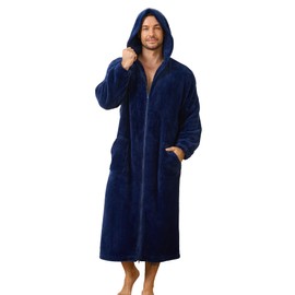 U2SKIIN Men's Plush Fleece Hooded Robe, Soft Warm Long Bathrobe with Pockets, Cozy Spa Shower Robe for Men with Front Zipper(NAVY,L/XL)