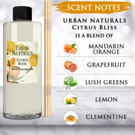 Urban Naturals Citrus Bliss Mandarin & Grapefruit Essential Oil Reed Diffuser Refill | Large 8 Ounce Size | Includes a Free Set of Reed Sticks! Made in The USA | Fresh, Bright Citrus Scent