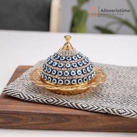 Alisveristime Coated Handmade Brass Sugar Chocolate Candy Bowl Serving Dish with Lid (Evil Eye) (Gold)