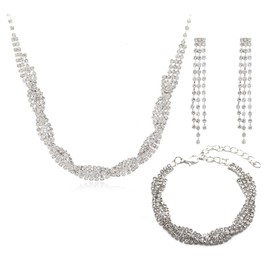 Jascatin Bridal Silver Wedding Jewelry Set Rhinestone Crystal Necklace Bracelet Earrings Jewelry Set for Women