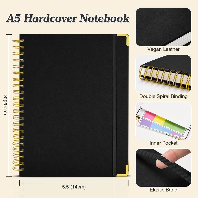 Bullet Dotted Journal Spiral Notebook, 300 Pages Leather Notebooks with