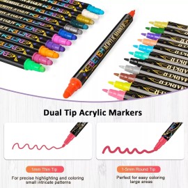 24 Colors Dual Tip Acrylic Paint Pens Markers, Premium Acrylic Paint Pens for Wo