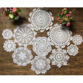 MINDPLUS Set of 11 Hand Crocheted Doilies Cotton Crochet Lace Doilies Coasters Placemat 10-25 cm Round White Vintage Wedding Tea Party