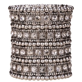 YACQ Women's Multilayer Stretch Cuff Bracelets Fit Wrist Size 6-1/2 to 7-1/2 Inch - Soft Elastic Band & 4 Row Crystals - 2-3/4 Inch Wide - Lead & Nickle Free