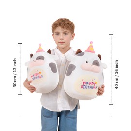 HAIJUNYA 12 inch Happy Birthday Cow Plush Pillow, Soft Penguin Plushies Toy, Cute Milk Cow Print Stuffed Animal Home Room Decoration Birthday Party Gift for Girls
