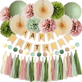 Olive Green and Pink Birthday Decorations Sage Green and Dusty Pink Birthday Decorations Dusty Rose Pom Poms Boho Sage Green Birthday Party Decorations with Green Pink Tassel Garland for Women Girls