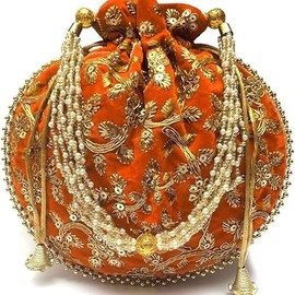 IGH Handmade Women's Velvet Embroidered Potli Purse | Indian Drawstring Bag Green Ethnic Handbag for Weddings & Parties 1 Pcs, Orange, Orange Pack of 1 Pcs