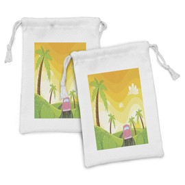 Lunarable Cars Fabric Pouch Set of 2, Ride to a Tropical Island Abstract Sunset Palm Trees and a Pink Old Car on the Road, Small Drawstring Bag for Toiletries Masks and Favors, 9" x 6", Multicolor