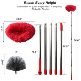 Extendable Duster with Cleaning Brushes Set, 17-88 Inch Telescopic Handle, Microfiber Head for Ceiling Fan, AC, Door, Wall,Red