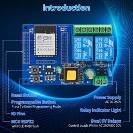 ESP32 Relay Board 2 Channel 5V Relay Module with WiFi Bluetooth 4MB Flash Programmable Button Indicator Light for Arduino Smart Home IoT Projects