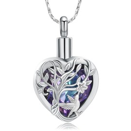 Imrsanl Tree of Life Cremation Jewelry for Ashes Crystal Heart Urn Necklace for Women Men Hummingbird Flower Memorial Pendant Ashes Holder Keepsake (Silver-Purple)