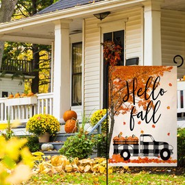 JIMOWANG Fall Pumpkin Buffalo Truck Burlap Garden Flag Double Sided Outdoor Decorative Yard Flag 12"x18" Porch Patio Banner Flags