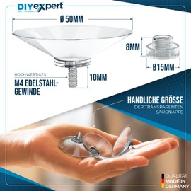DIYexpert® 4x / 8x / 12x / 20x Suction Cup Ø 30mm / Ø 40mm / Ø 50mm with thread M4x6mm / M4x10mm, includes Transparent Knurled Nuts - Made in Germany