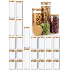 Qinyoung 36 Pcs Glass Storage Jars with Bamboo Wooden Lids, 4 Sizes Food Storage Containers Clear Stackable Canisters Airtight Glass Jars for Candy, Cookie, Rice, Sugar, Flour, Pasta, Nuts