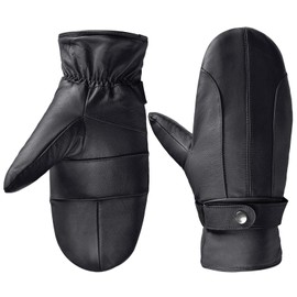 Harssidanzar Genuine Leather Mittens Mens, Warm Lined Winter Leather Mitt SM047CA,Black,size L