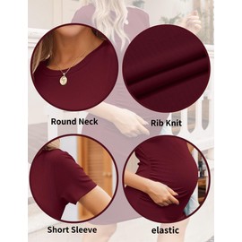Ekouaer Women Maternity Dresses Short Sleeve Crewneck Pregnancy Clothes Casual Bodycon Baby Shower Dress （Wine Red,M