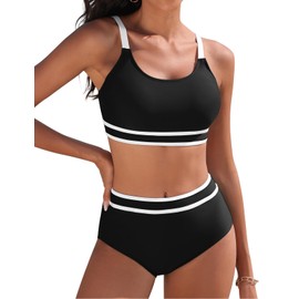 Tuopuda Bikini Sets for Women Two Piece Bikini Top High Waisted Bikini Bottom Tummy Control Ladies Bathing Suits Swimming Costume 2 Piece Padded Beachwear Push Up Swimwear, Black, S