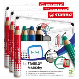 STABILO Markdry Set of 3 Cardboard Cases x 4 Marker Pencils + 1 Sharpener + 1 Clothaa