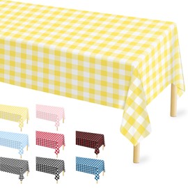 Mulbozy 2 Pcs Yellow and White Checkered Tablecloth, 54 × 108 inches Disposable Yellow Plaid Table Covers Plastic Gingham Tablecloth for Outdoor Picnic Birthday Baby Shower Holdiay Party Decoration