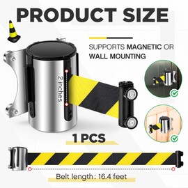 Singhoow 1 Pcs 16.4ft Magnetic Wall Mount Retractable Belt Barrier Retractable Wall Barrier Tape Crowd Control Safety Belt with Steel Case for Grocery Retail Store Stadium, Yellow and Black