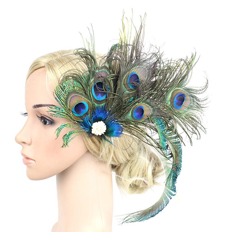 Frcolor 1920 Peacock Feather Hair Clip Gatsby Flapper Peacock Feather