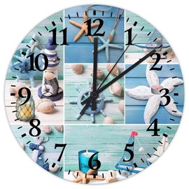 Wooden Wall Clock Round Silent Non-Ticking Beach Ocean Theme Starfish Seashell Retro Wall Clocks Nature Coastal Pictures Seascape Home Decoration for Study Room Patio Auto Shop 12 Inch