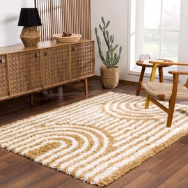 Hauteloom Noah Calup Living Room, Bedroom Soft Shag Neutral Area Rug - High Shaggy Plush Pile - High Low - Striped Boho Farmhouse - Orange, Beige, Brown, Gray - 6'7" x 9'6"