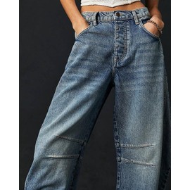 Barrel Jeans Women,Women Mid Rise Barrel Jeans Wide Leg Baggy Trendy Jeans Boyfriend Vintage Denim Pants with Pocket Dark Blue