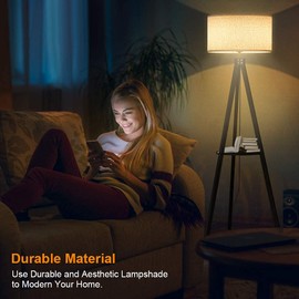 LEPOWER Tripod Floor Lamp, Mid Century Standing Lamp with Shelf, Modern Design Wooden Floor Lamps for Living Room, Bedroom, Office , Flaxen Lamp Shade with E26 Lamp Base (Black)