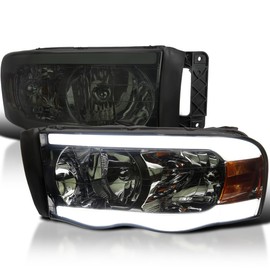 Spec-D Tuning Chrome Housing Smoke Lens LED Tube Headlights Compatible with 2002-2005 Dodge Ram 1500/2003-2005 2500 3500, Left + Right Pair Headlamps Assembly