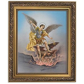 Gerffert Collection Saint Michael Catholic Framed Portrait Print, 13 Inch (Ornate Gold Tone Finish Frame)