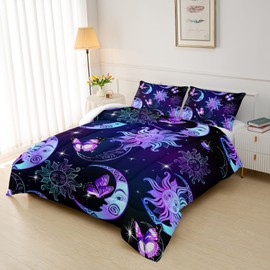 Ntlfup Sun and Moon Comforter Set, Twin Size Butterfly and Star Bedding Set for Girls, 3D Printed Bohemian Gothic Duvet with 2 Pillowcases