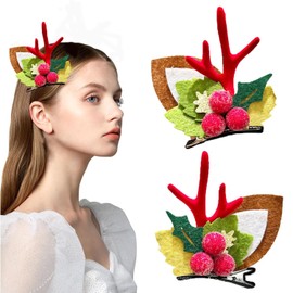 1PCS Christmas Hair Clips Reindeer Antlers Hair Accessories - ZWENJIE Cute Red Antlers Ears Hair Holder With Leaf Red Fruit Hairwear Holiday Headband Christmas Hairpins Deer Horns Barrette for Women