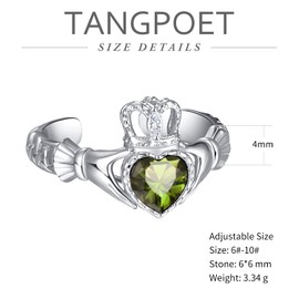 TANGPOET 925 Sterling Silver Claddagh Ring Irish Claddagh Ring Celtic Birthstone Ring Gifts for Women Girls, Precious metal, Cubic Zirconia