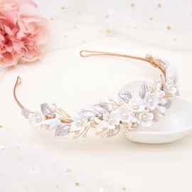 Oriamour Bridal Headband With Pearls Leaves Design Wedding Headbands For Women Girls Bridal Headpiece For Birthday Prom Parties (Gold)