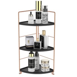 3-Tier Bathroom Countertop Organizer, Vanity Tray Cosmetic & Makeup Storage, Kitchen Spice Rack Standing Shelf, Corner Storage Shelf, Black & Rose Gold