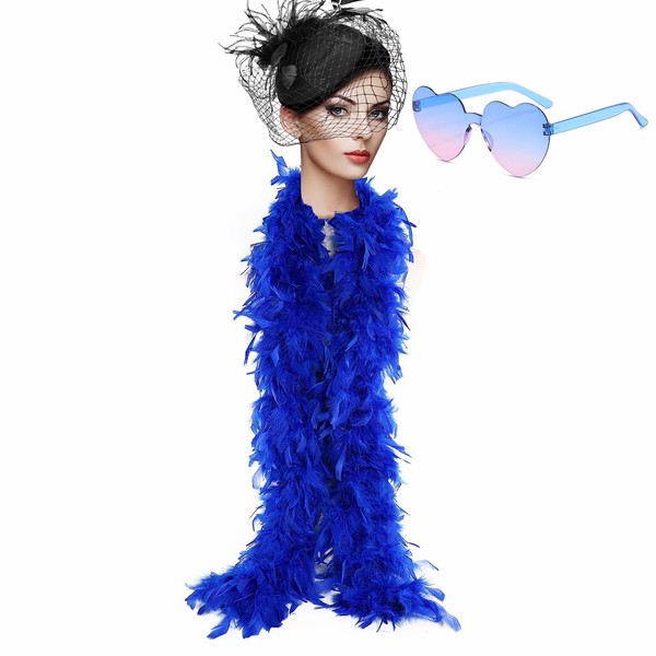 6.6ft/2M Royal Blue Feather Boa with Heart Rimless Sunglasses,80g Natural Turkey Feathers Scarf Fancy Dress Fluffy Feather Boa for Girls Dancing Wedding Party Cosplay Halloween,Love Tour,Hen Night