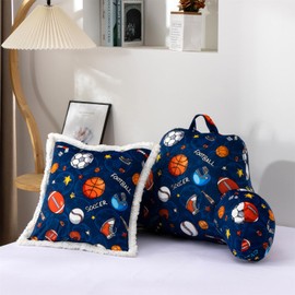 Holawakaka Reading Pillow with Arms,Sports Baseball Basketball Rugby Print Plush Bed Rest Pillows for Kids Teens Sitting in Bed, Sofa, Chair, Lounge, Back Cushion with 1pc Decorative Pillowcase
