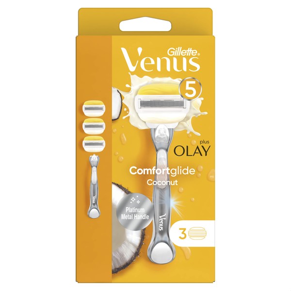 Gillette Venus ComfortGlide with Olay 2-in-1 Razor for Women + 3 Refill Blades, Shaving Gel Bars Starter Kit