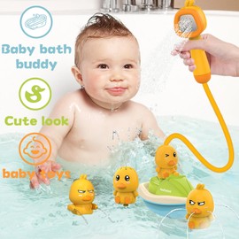 Detachable Duck Shower Head & Motorized Bath Pump with 3 Baby Duck Toys - Gentle Hair Rinsing & Sensory Play for Newborns, Infants, Toddlers - BPA-Free Bathtub Toys with Suction Cup Base